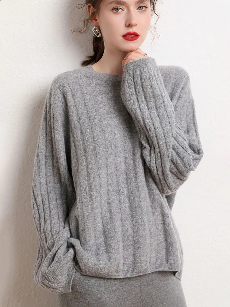 

Spring Autumn Women's O-neck Cashmere Pullovers Loose Sweater 100% Cashmere Knitwear Asymmetric Hem Twist Flower Soft Clothing