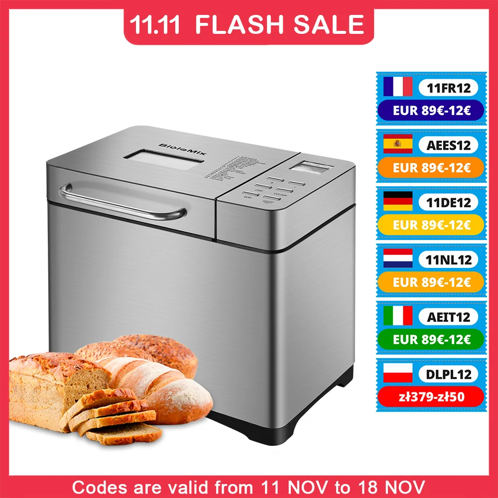 Biolomix Stainless Steel 1KG 19-in-1 Automatic Bread Maker 650W Programmable Bread Machine with 3 Loaf Sizes Fruit Nut Dispenser