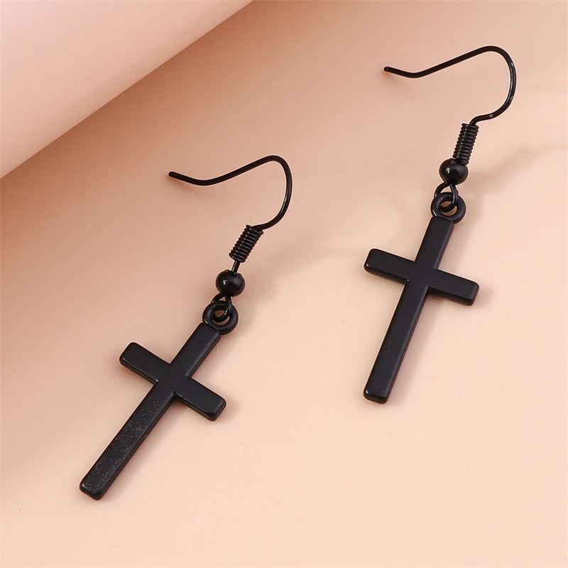 Women's Gothic Black Cross Drop Earrings, Dangle Hook Design