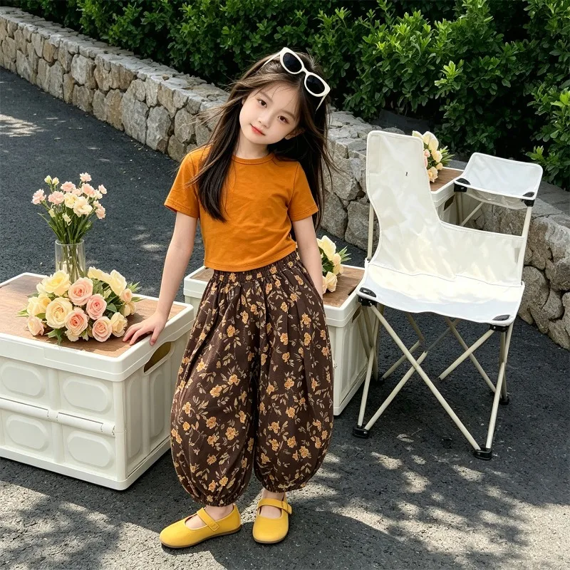 

Children Clothes Girls Summer 2026 Orange Short Sleeve T Shirt and Floral Print Lantern Pants Breathable 110-170cm 19-55kg