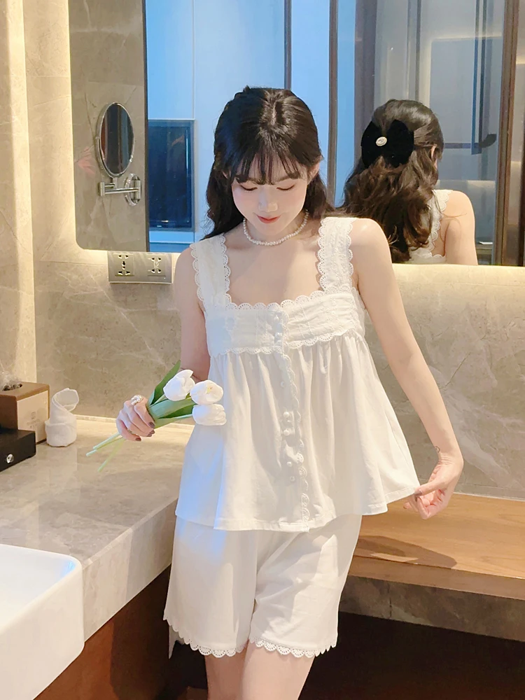 

Sweet Pure Desire Lace Trim Che Nightgown Women's Cotton ort Set Summer Home Clothes Two-Piece Casual Thin Cotton