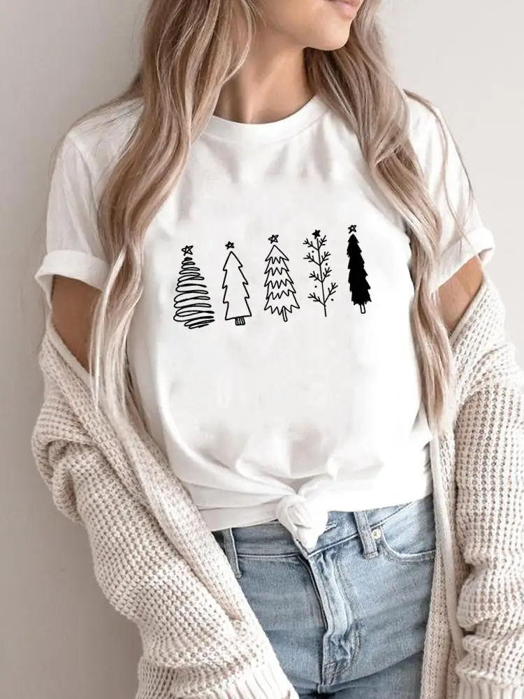 Moda Nowy Rok T-Shirts Print Top Graphic Tee Tree Star Lovely 90S Trend Wesołych Świąt Women Holiday Casual Shirt Clothing