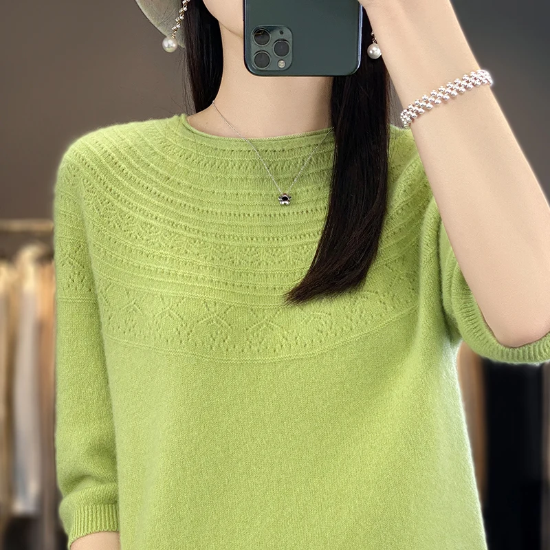 Large Size Women Hollow Jacquard Half Sleeve Pullover O-Neck 100%Wool Solid Color Short Sleeves Knit Sweater Spring Autumn Style