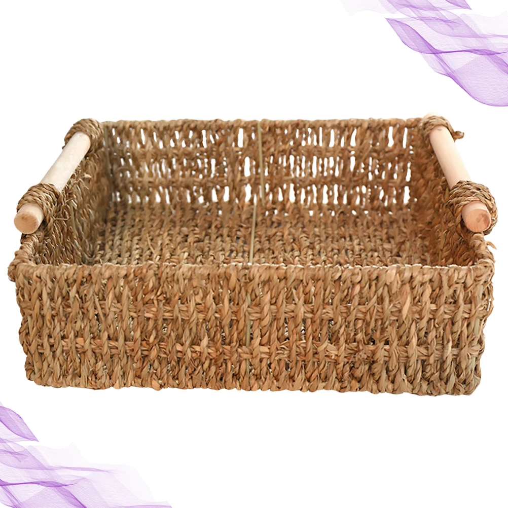 

Straw Storage Basket Wooden Handle 29X29X9Cm Eco Desktop Organizer For Keys Cosmetics Sundries Home Decoration