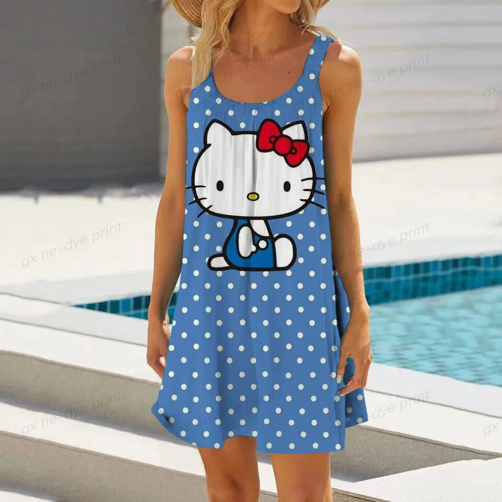 Womens Summer Sleeveless Round Neck Plain T-Shirt Dress Hello Kitty Printing Pleated Swing Casual Loose Pullover Streetwear