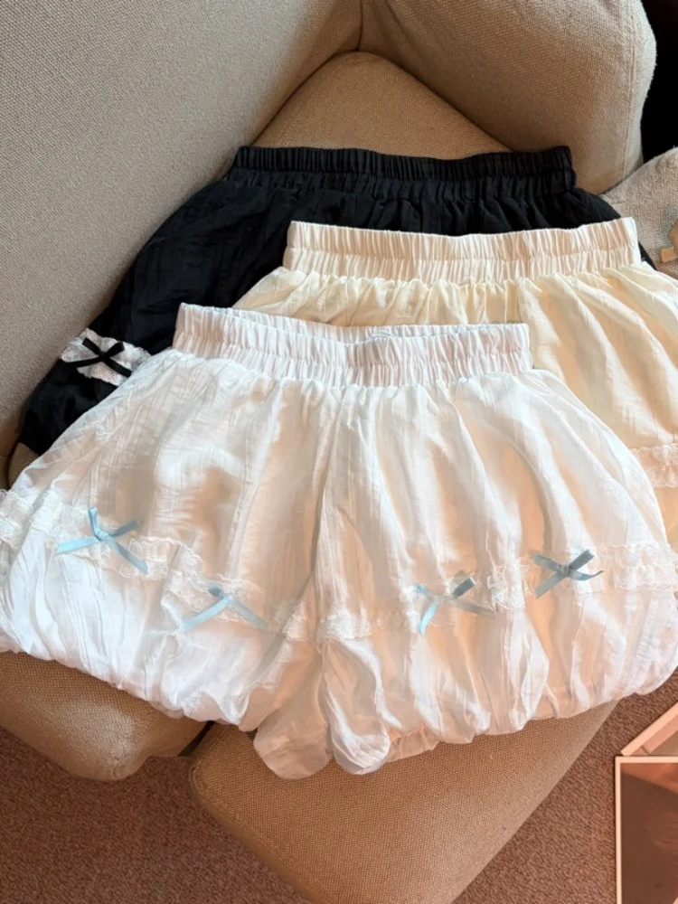 Girls  Knot Lace Splicing Flower Bud Shorts Women's High Waist Elastic Casual Wide Leg Lantern Pants Summer Wear