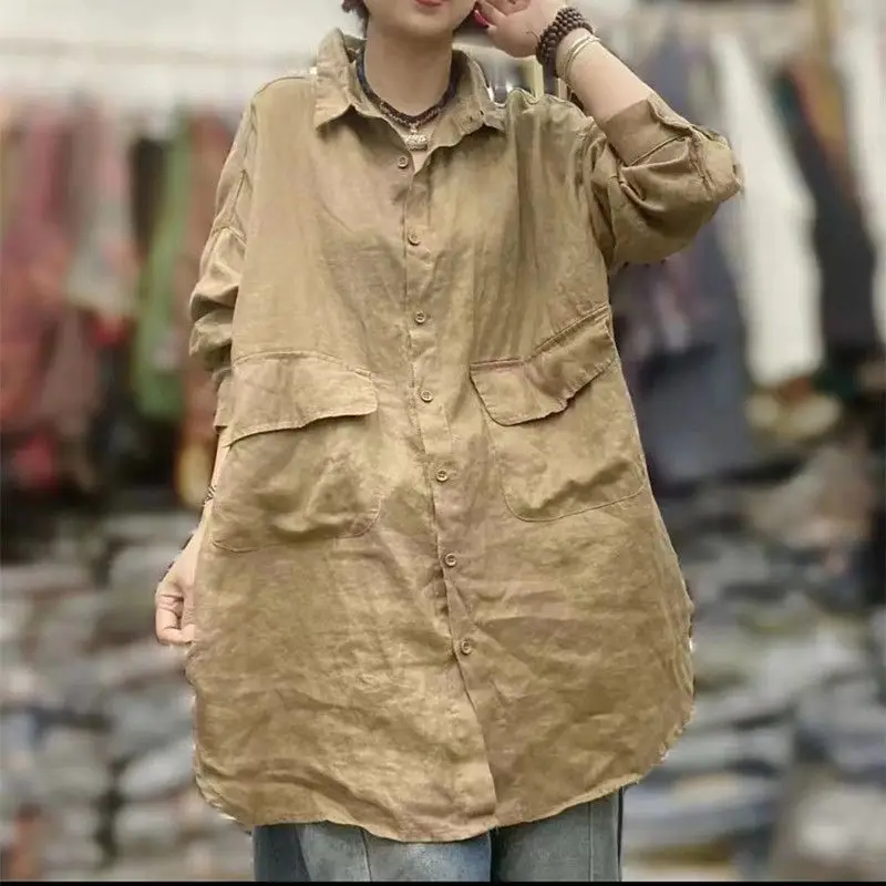 Basic หลวมกลางยาวเสื้อ 2025 ผู้หญิงฤดูร้อนวรรณกรรมกระเป๋าโปโลคอเสื้ออเนกประสงค์เสื้อแขนยาวลําลอง