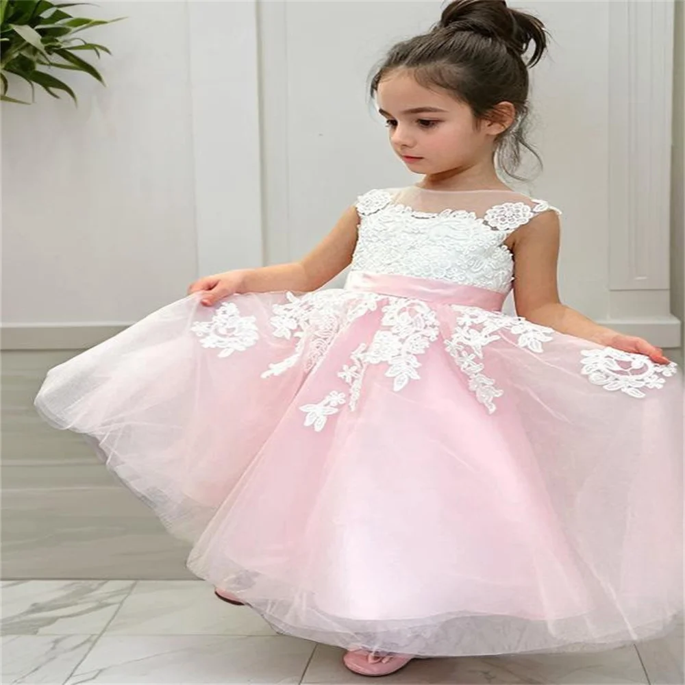 Robe à fleurs en tulle pour filles, tenue de mariage élégante, en fibre de dentelle, pour communion, pour enfants