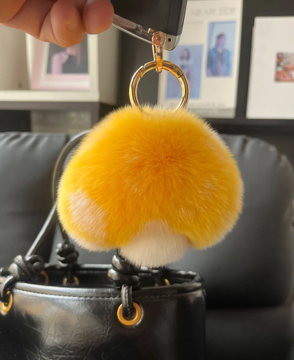 Niedlicher Echter Rex-Kaninchenfell-Pilz-Schlüsselanhänger, Flauschiger Pompon-Autoschlüsselring, Taschenanhänger, Charm im Ins-Stil, Modisches Geschenk für Frauen und Mädchen – Detail 13