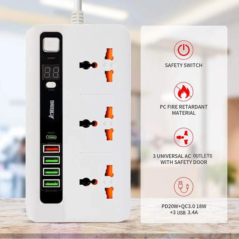 

New Universal Socket EU Plug Power Strip With Timing Function QC3.0 Quick Charger 3 Outlets 2M Extension Cord Electrical Socket