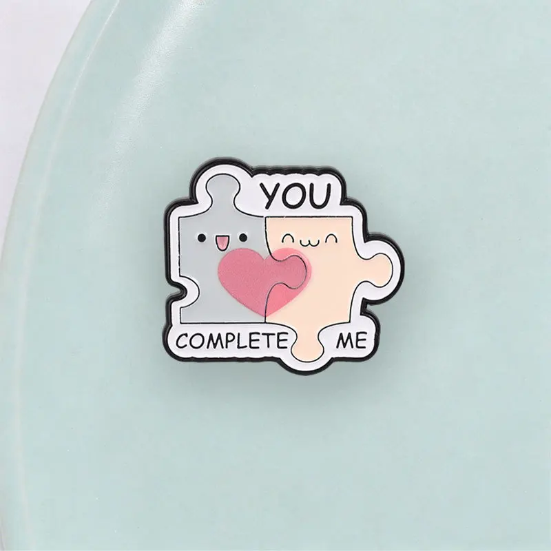 Couple Puzzle Love YOUCOMPETEME Metal Brooch Cute Cartoon Emoji Badge Pin