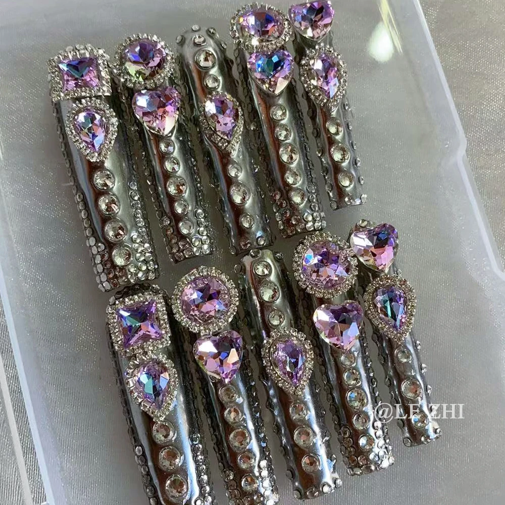 Luxury Magic Mirror Pink Purple Chain Diamond Press on Fake Nails XXL Long Square Stiletto DIY Handmade Wedding Party Woman Gift