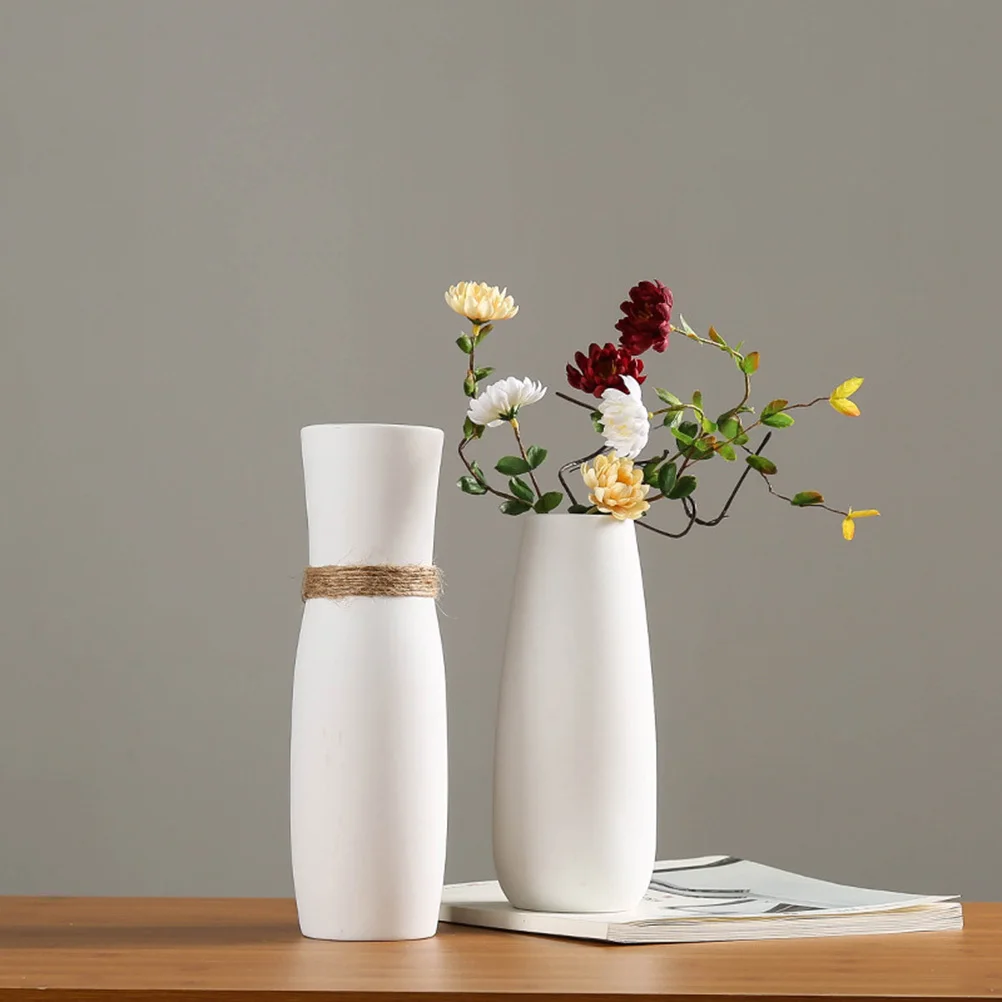 

2 Pcs White Ceramic Vase Home Ornament Cylinder Flower Decor Simple Decorations