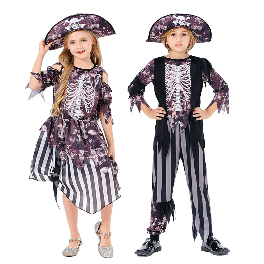 

Pirate Captain Children Cosplay Costumes Girls And Boy Skull Hat Performance Dress Outfit Kids Halloween Carnival Party Costumes