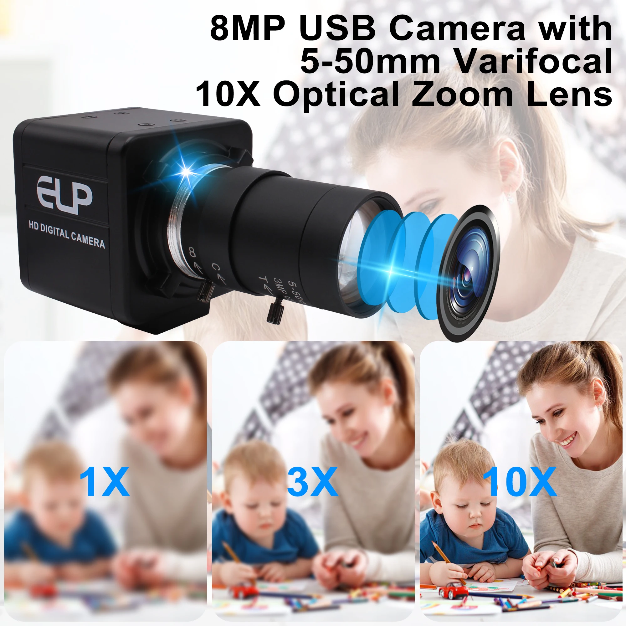 ELP 8MP USB 카메라 모듈, 5-50mm 렌즈 광학 줌 웹캠, USB HD 산업용 카메라, 미니 PC 컴퓨터 화상 회의 카메라