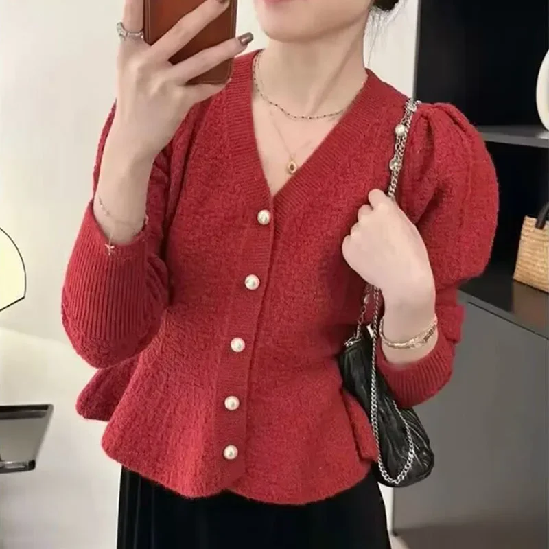 Women\'s Knitted Cardigan Korean Fashion Waistline Fishtail Knitted Top Single-breasted V-neck Sweater Jacket 2024 Autumn Winter