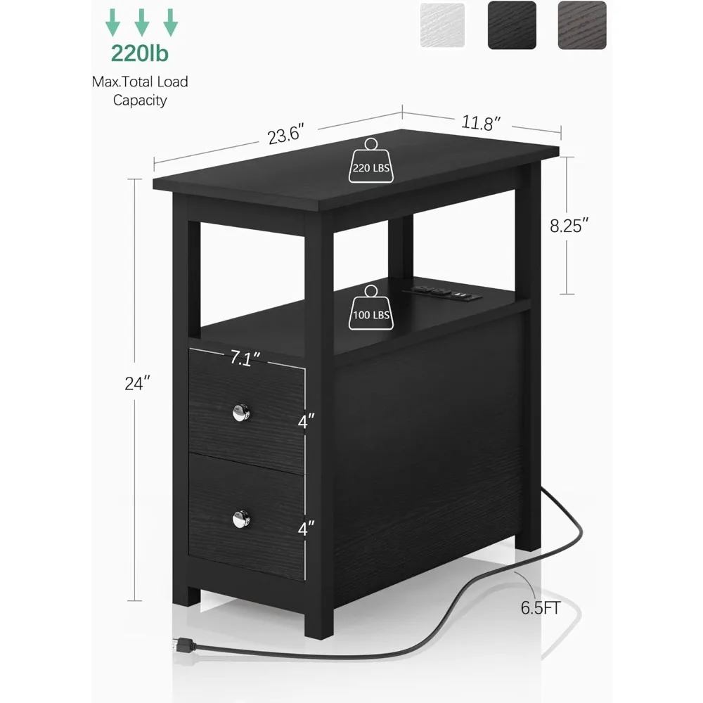 طقم طاولة جانبية للسرير من Sandinrayli مكون من قطعتين، طاولة نهائية سوداء لغرفة المعيشة، طاولات جانبية مع قاعدة شحن، منضدة مع 2 USB Po