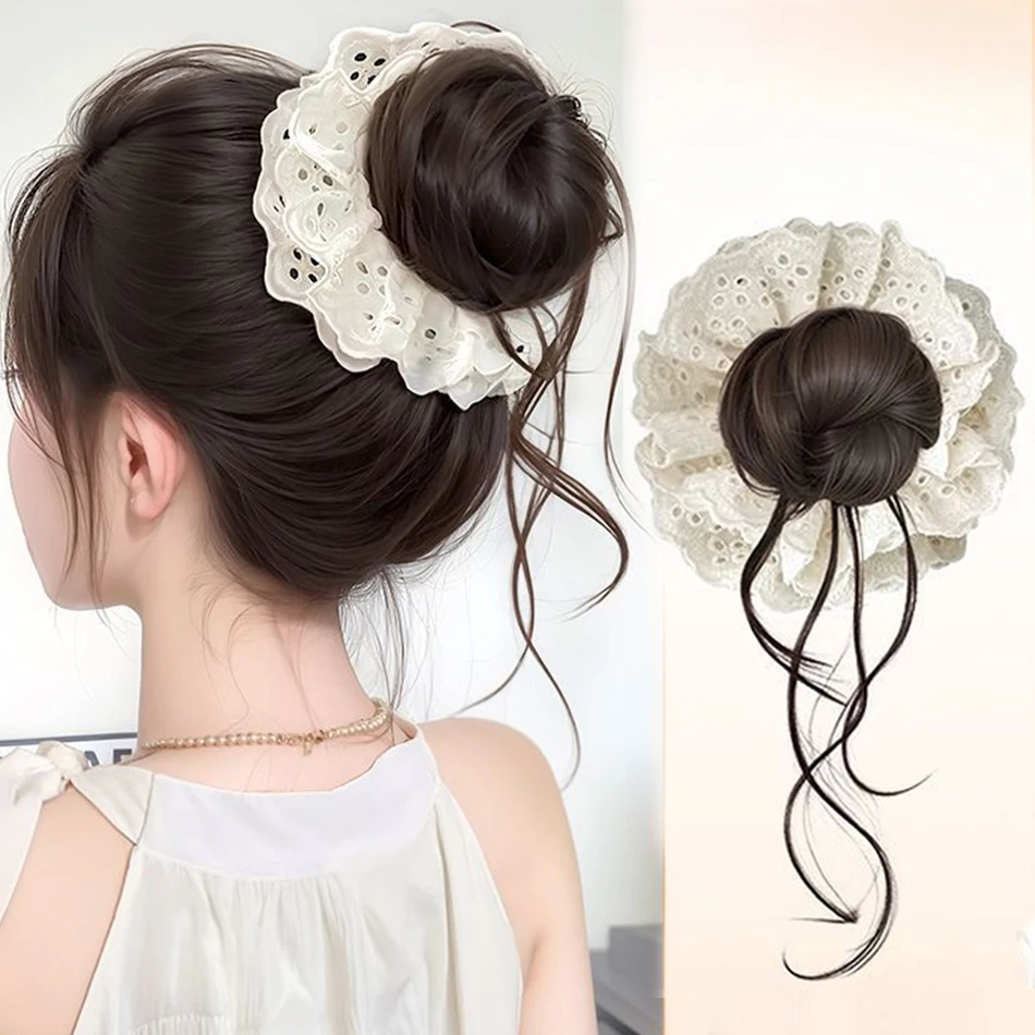 Elegant Simulation Flower Synthetic Bun Wig For Women Lace Hairband Flower Bud Hair Accessorie With Heat Resistant Fiber Chignon
