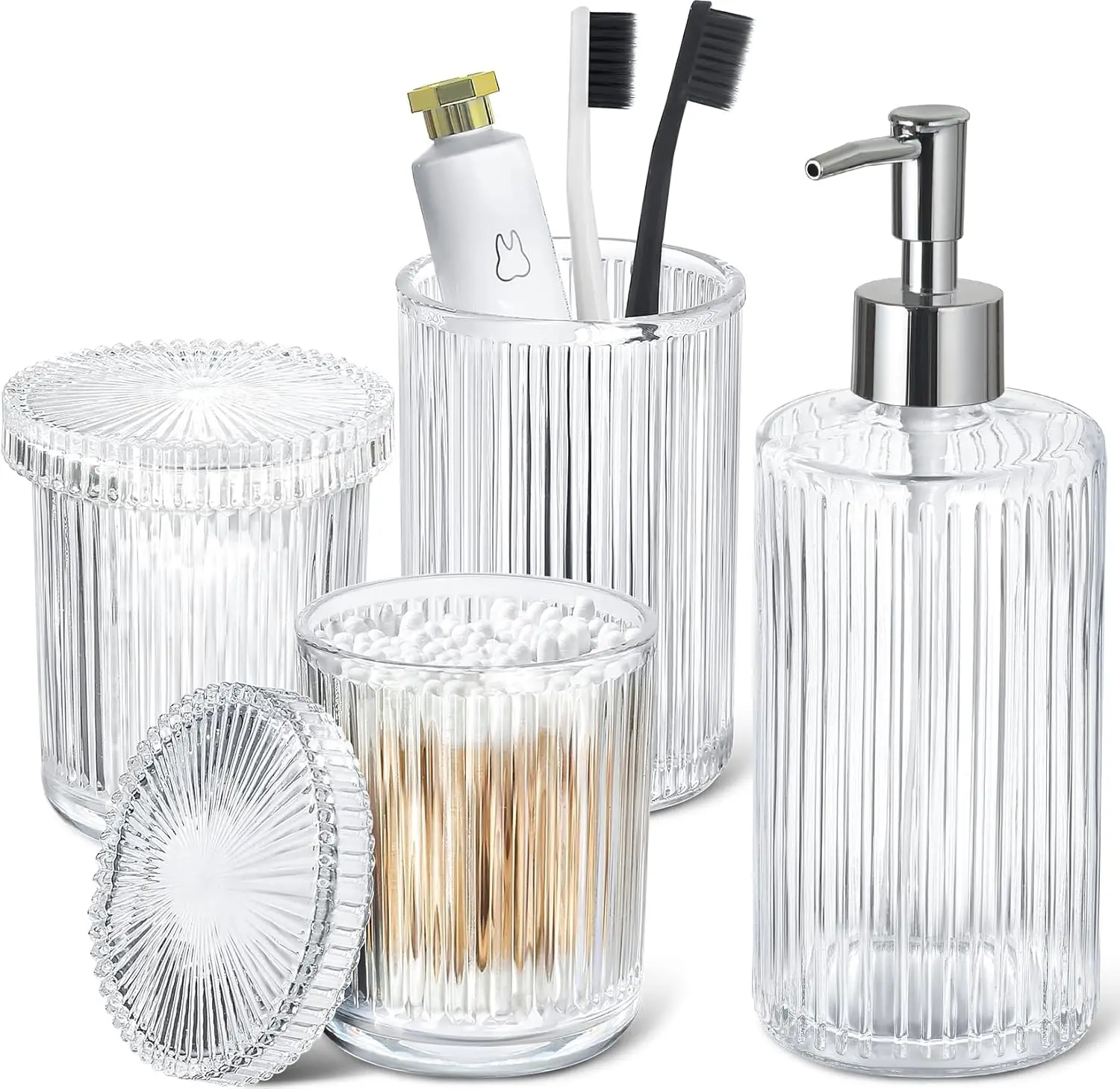 

Clear Glass Bathroom Accessories Set, 4 Piece Ribbed Soap Dispenser and Toothbrush Holder with 2 Qtip Holders, Modern Counter