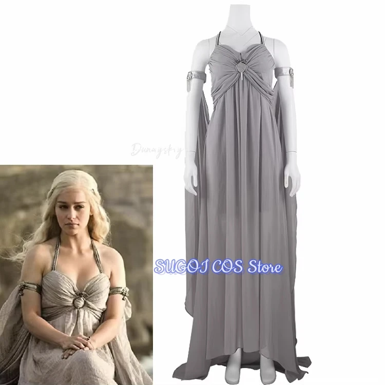 أزياء الملكة دانيليس التأثيرية للنساء من القرون الوسطى فستان ذيل طويل رمادي اللون مطوي أنيق بدون أكتاف فساتين سهرة تمويه