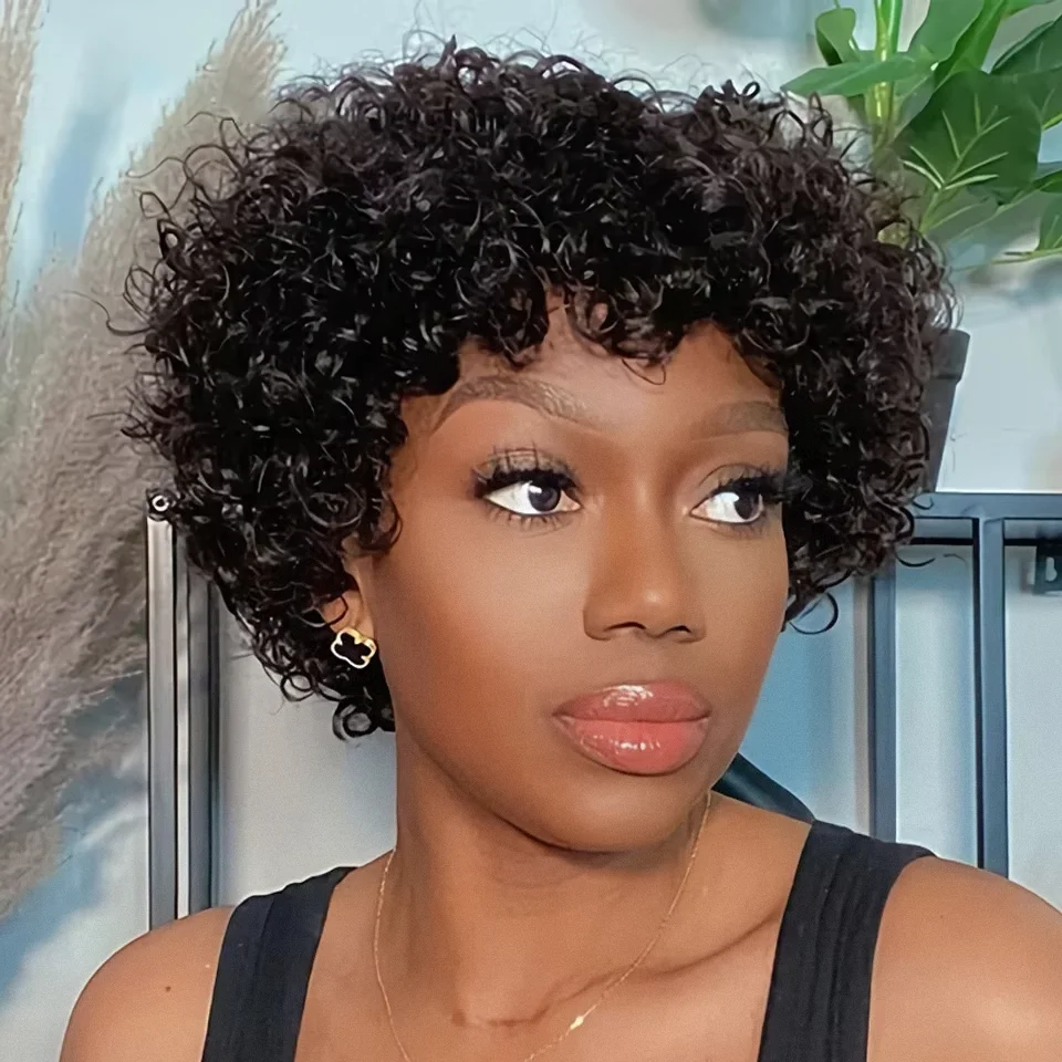 Pixie Cut Tiefe Lockige Echthaar Perücken Kurze Bob Perücken Lose Wasser Welle Keine Spitze Volle Maschine Perücken Für Schwarze Frau Brasilianische 250%