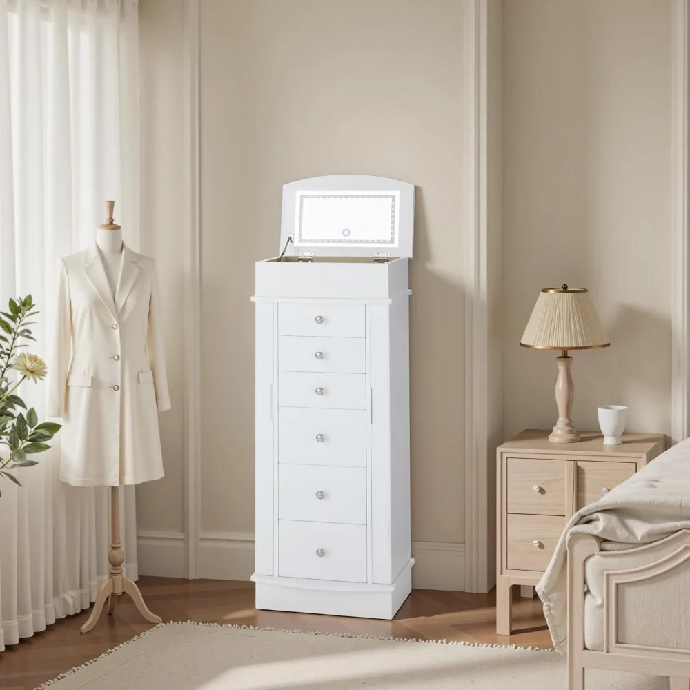 LED Mirrored Jewelry Cabinet with 6 Drawers, Standing Armoire with Necklace Hooks and Anti-Tarnish Interior