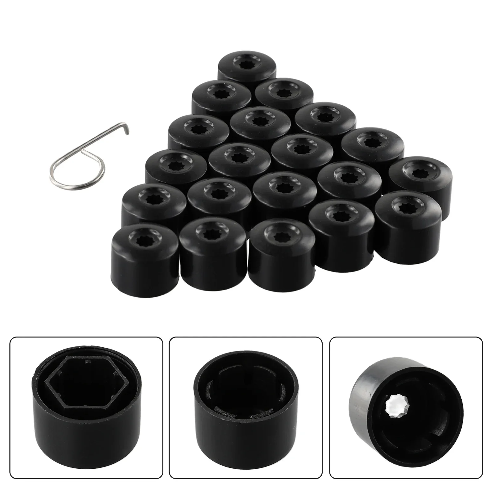 20 Set For Golf Wheel Lug Nut Bolt Cover Black Cap OEM 1K06011739B9 T44 Lug Nut Cap Locking Types Cap Dismantle Tool (Hook)