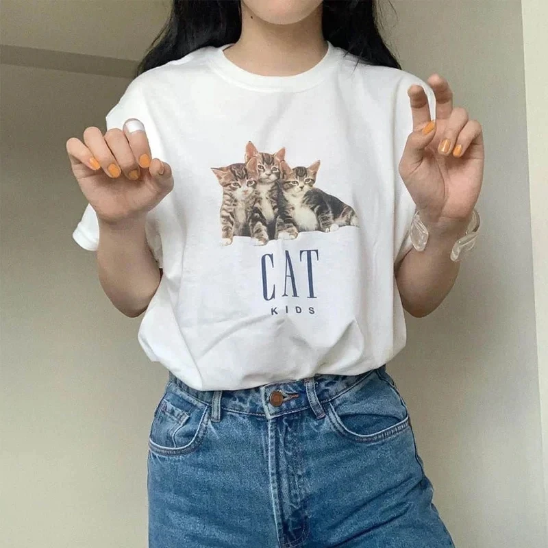 Korean Fashion Short Sleeve Cat Lover T Shirt Kawaii Kitten Graphic Tees Harajuku Streetwear Tops Aesthetic Women's T-Shirts Y2k