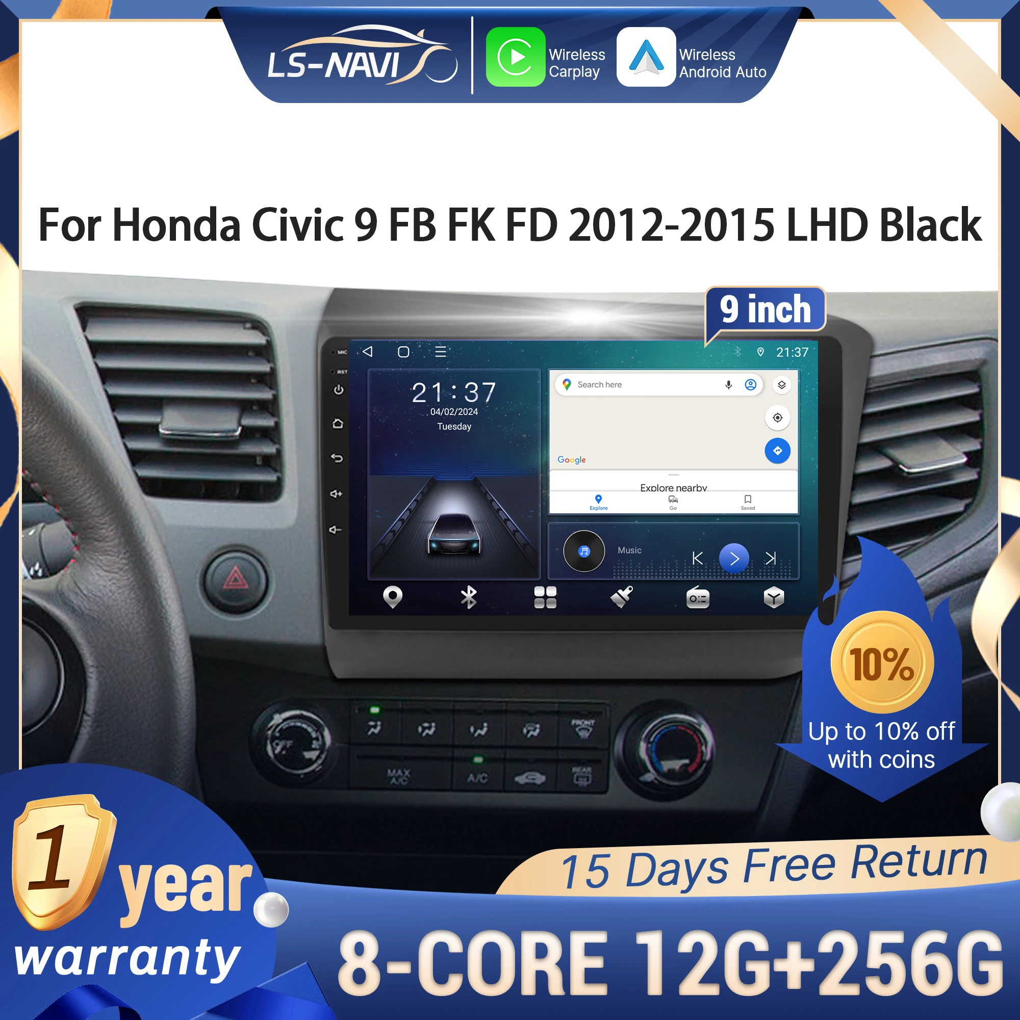 

Для Honda Civic 9 FB FK FD 2012-2015 LHD Черный Android 14 Автомобильный радиоприемник Мультимедиа 4G Беспроводной CarPlay Сенсорный экран Bluetooth Стерео