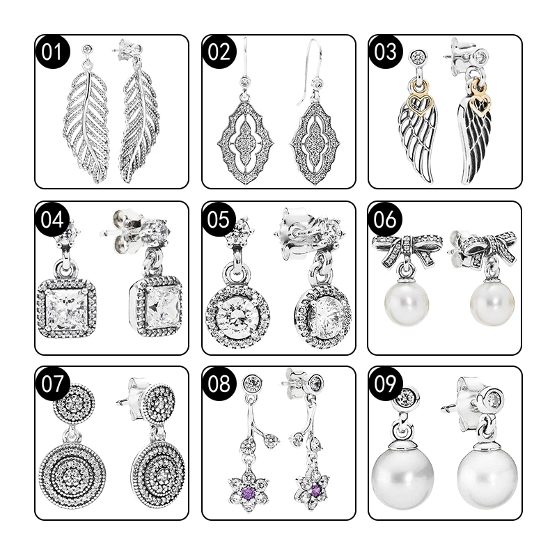 Silver 925 Original Dangling Drops Earrings For Women Jewelry Zircon Stones Pearl Feather Lace Angel Wings Forget Me Not Flower