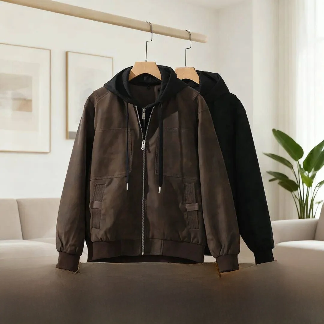 

Line Men's Casual Hooded Jaet PU Leather Waed Autumn Commute Light Luxury Zipper Closure Long Sve Coat