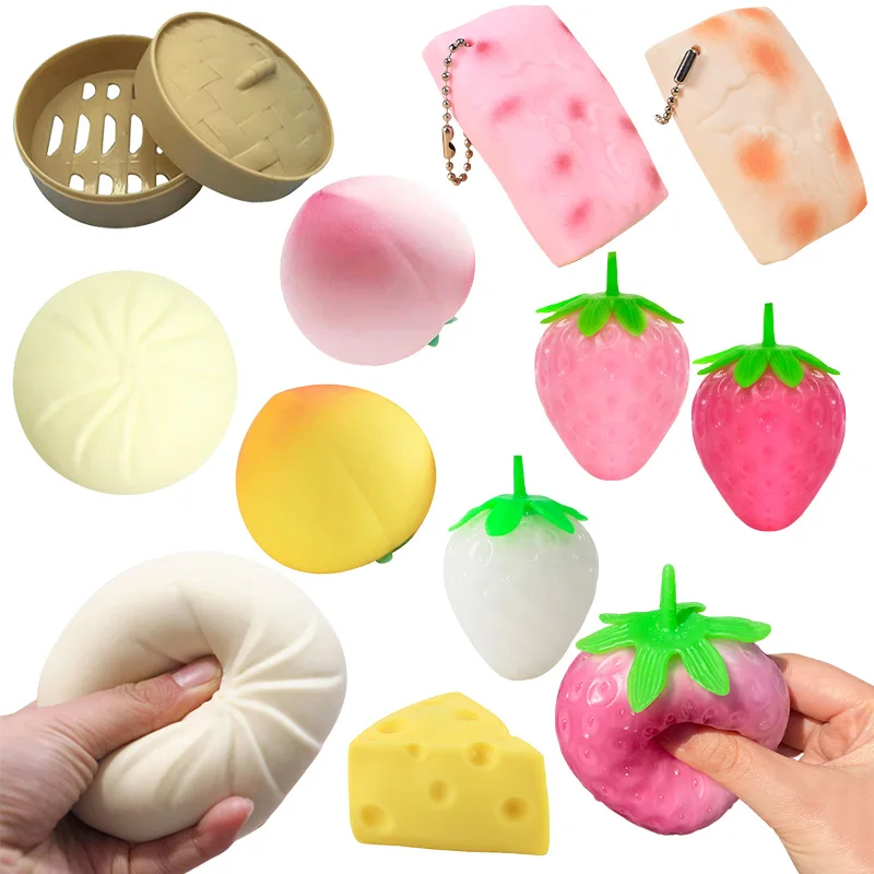 Creative Food Squishies Squeeze Toys Peach Strawberry Vent Ball Slow Rebound Decompression Artifact Cheese Bun  Anti Stress Ball