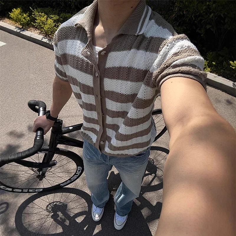 Vacation Casual Hollow Out Knit Shirt Tops Men Vintage Striped Contrast Color Knitted Shirts Mens Summer Fashion Buttoned Shirts