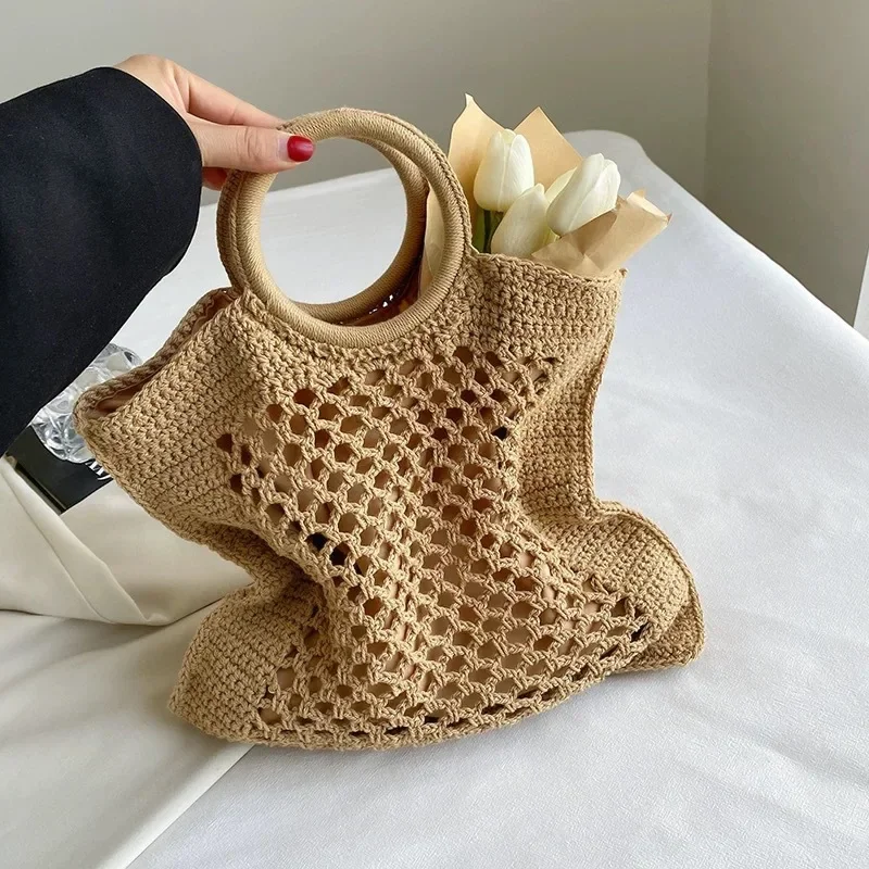 

Полые вязаные пляжные сумки для женщин, летние тканые женские сумки, вязаная крючком сумка на плечо, богемные соломенные сумки с круглой ручкой, НОВИНКА