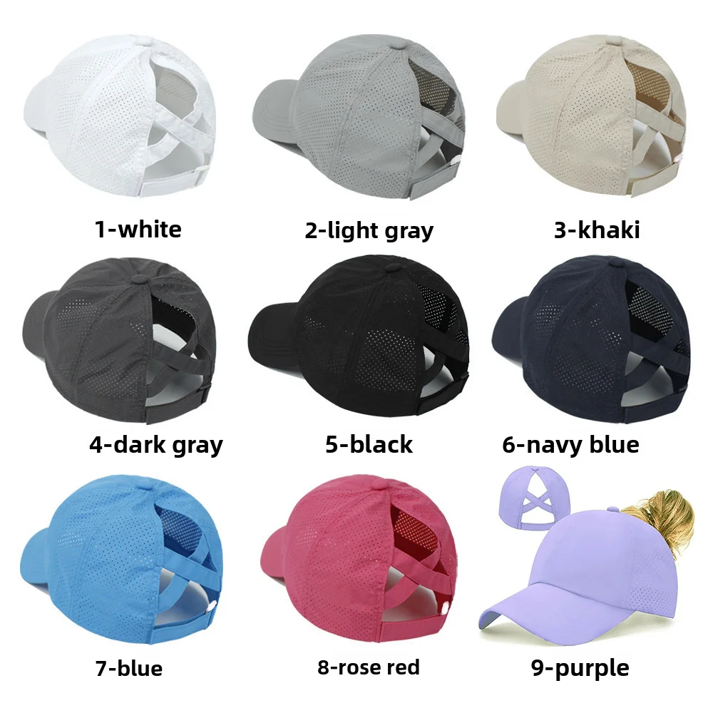 Women's mesh breathable baseball cap with back strap, crossed ponytail hat, quick drying hat, running fitness adult