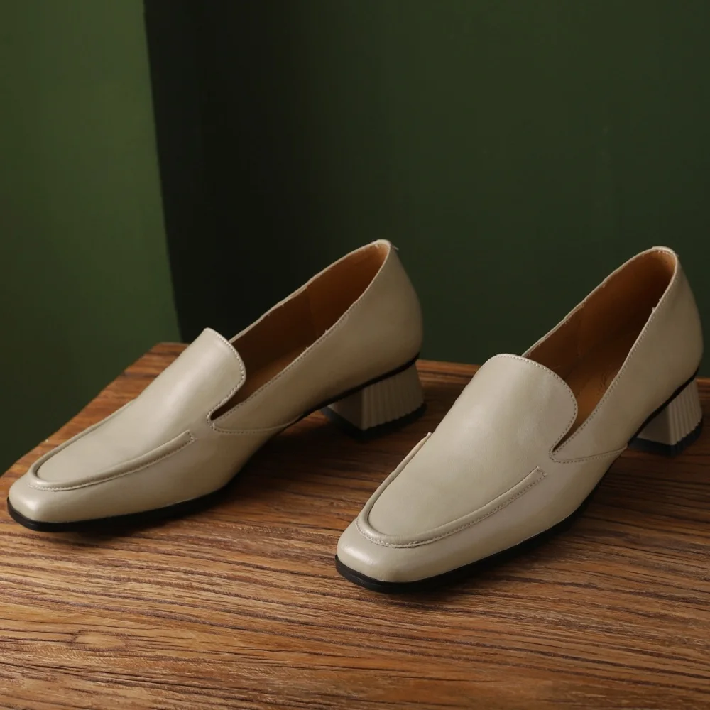 【JOCHEBED HU】Brand Genuine Leather Loafers Low Heel Women Shoes Square Toe Causal Slip-On Lady Footwear Size 34-43