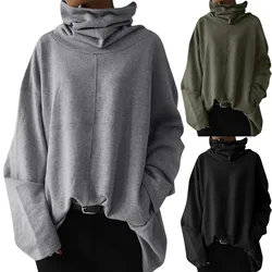 2024 Women Sweatshirt Black Turtleneck Long Sleeve Pockets Loose Hoodies Female New Autumn Trendy Casual Sweatshirt Pocket Top