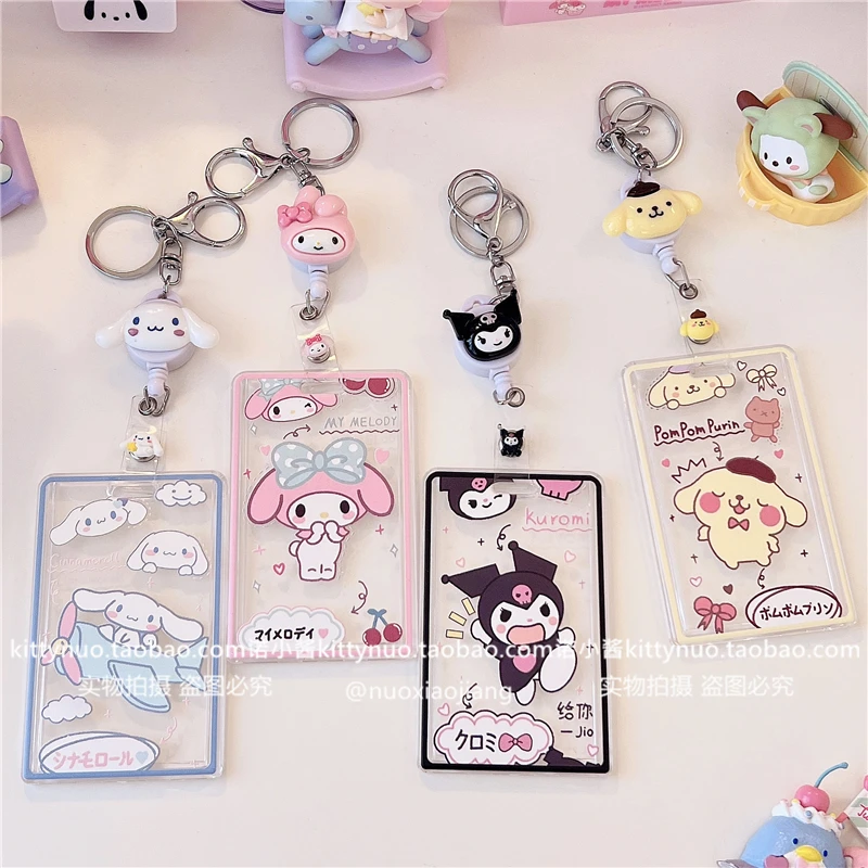 Sanrios Transparent Card Holder Anime Hello Kitty Kuromi Melody Pendant Retractable Key Ring Student Id Card Protective Cover