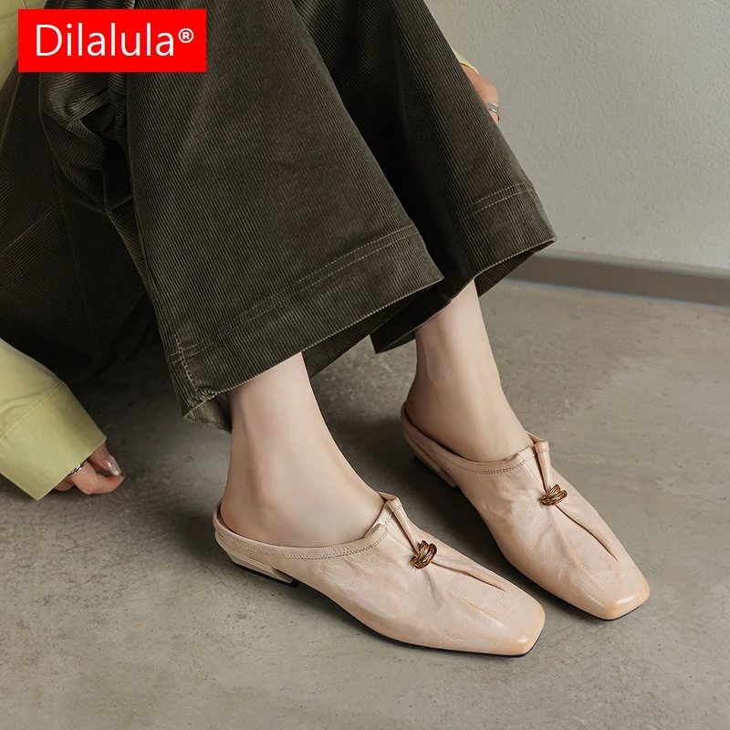 

Dilalula 2026 Popular Sheepskin Leather women's Mules Low Thick Heels Summer Covered Toe Slippers Lady Metal Dec Summer Sandals