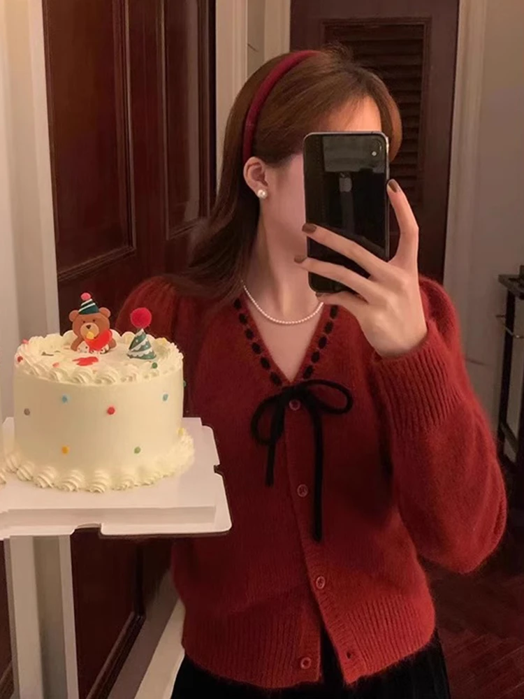 

Red Knitted Sweater Women's Inner Wear Knot New Year Lazy High-End Feeling Loose Fit Sweet Sle Winter Faion