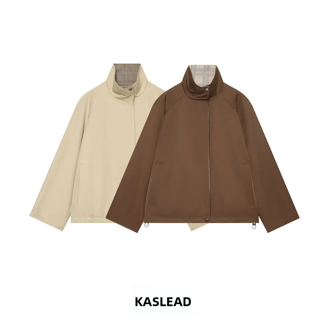 KASLEAD Women's Short Coat Reversible Versatile Style Long Sleeve Zipper Closure Plaid Pattern Polyester Fiber Autumn Fashion