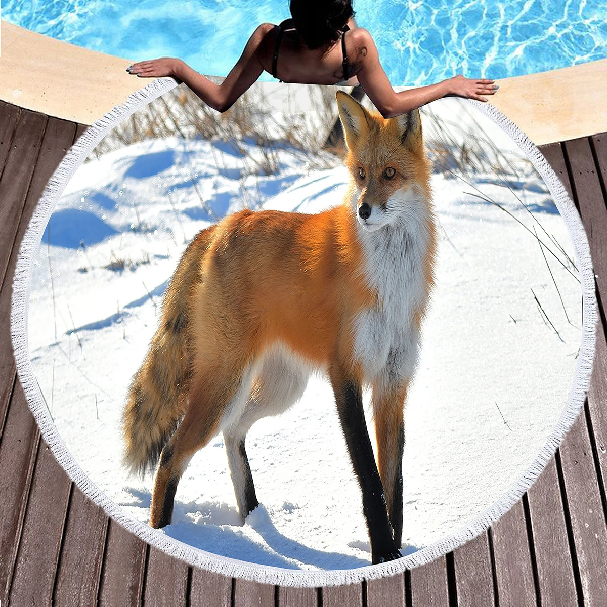 Kawaii الثعلب منشفة الشاطئ المستديرة ، بطانية شاطئ مطبوعة على شكل حيوانات برية ، لينة الغابات الحيوان تحت عنوان ريفي الثعلب طباعة بركة منشفة سجادة للرحلات #5