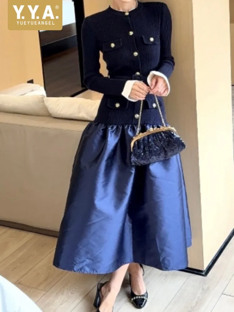 

British Style Round Neck Long Sleeves Female Leisure Dress High Quality Solid Color Single-Breasted Belt Slim A Line Dresses