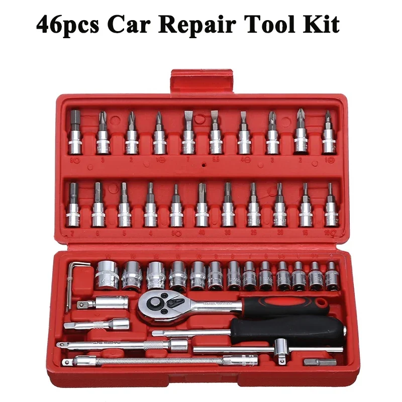 

46pcs Car Repair Tool Kit 1/4 Inch Drive Socket Ratchet Wrench Combo Tools Kit Bicycle Auto Repairing Tool for Repair Shop Use