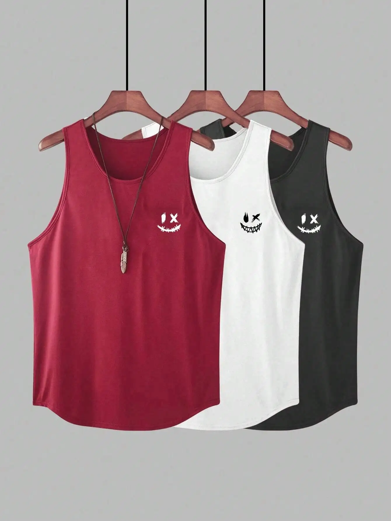 3-Pack Men's Graphic Tank Tops with Curved Hem in Red, White, Black