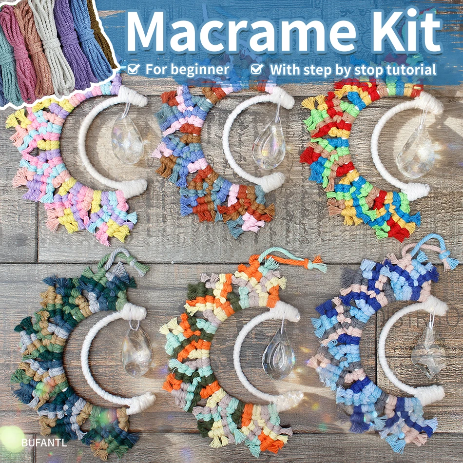 1 Set Bohemian Macrame Moon Crystal Suncatcher DIY Kit for Beginners, Handmade Hanging Home Decor Craft Kit with Tutorial