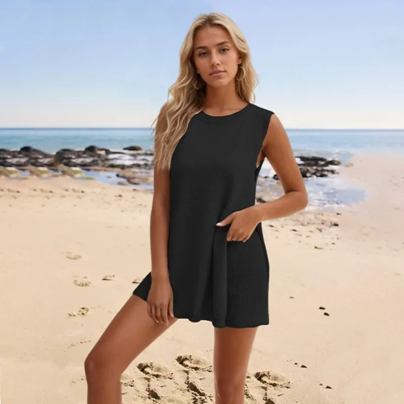 

2024 Summer Women's Popular Loose Casual Round Neck Tank Top Shorts Knitted Set for Women Clothing SFC24-3