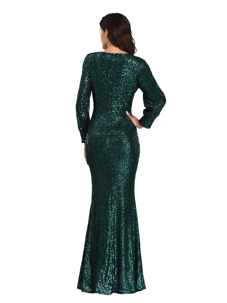 Plus Size Long-sleeved V-neck Sequined Fishtail Evening Dress for Women Prom Formal Dress Women Elegant Green Long Dress Gown