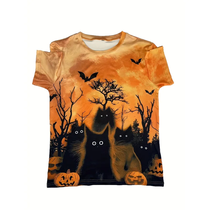 Women Crew Neck Short Sleeve T-shirt Halloween Black Cat Bat Pumpkin Skull Print Retro Orange Sunset Casual Holiday Summer Tee