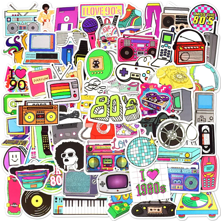 70Pcs 8090s Retro Sticker Theme Party Computer Sticker Waterproof DIY Guitar Bike Skateboard Phone Helmet Car Sticker Decoration